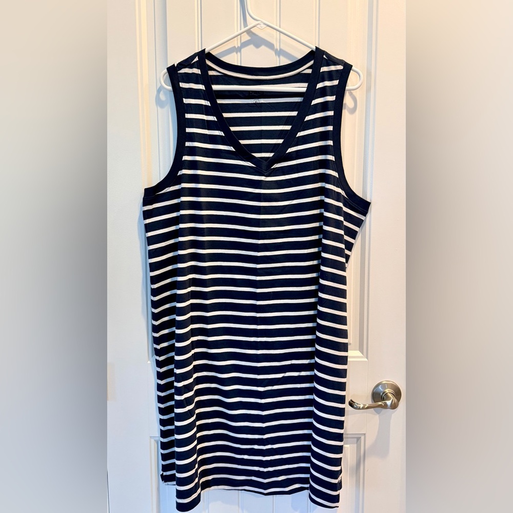 Pact Navy and White Striped V-Neck Sleeveless Dress